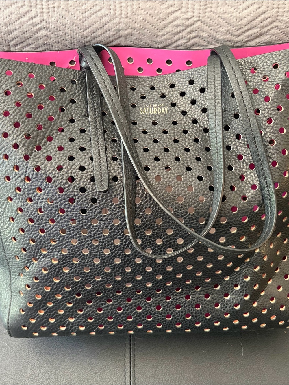 kate spade Saturday Black Perforated Tote with Pink Lining